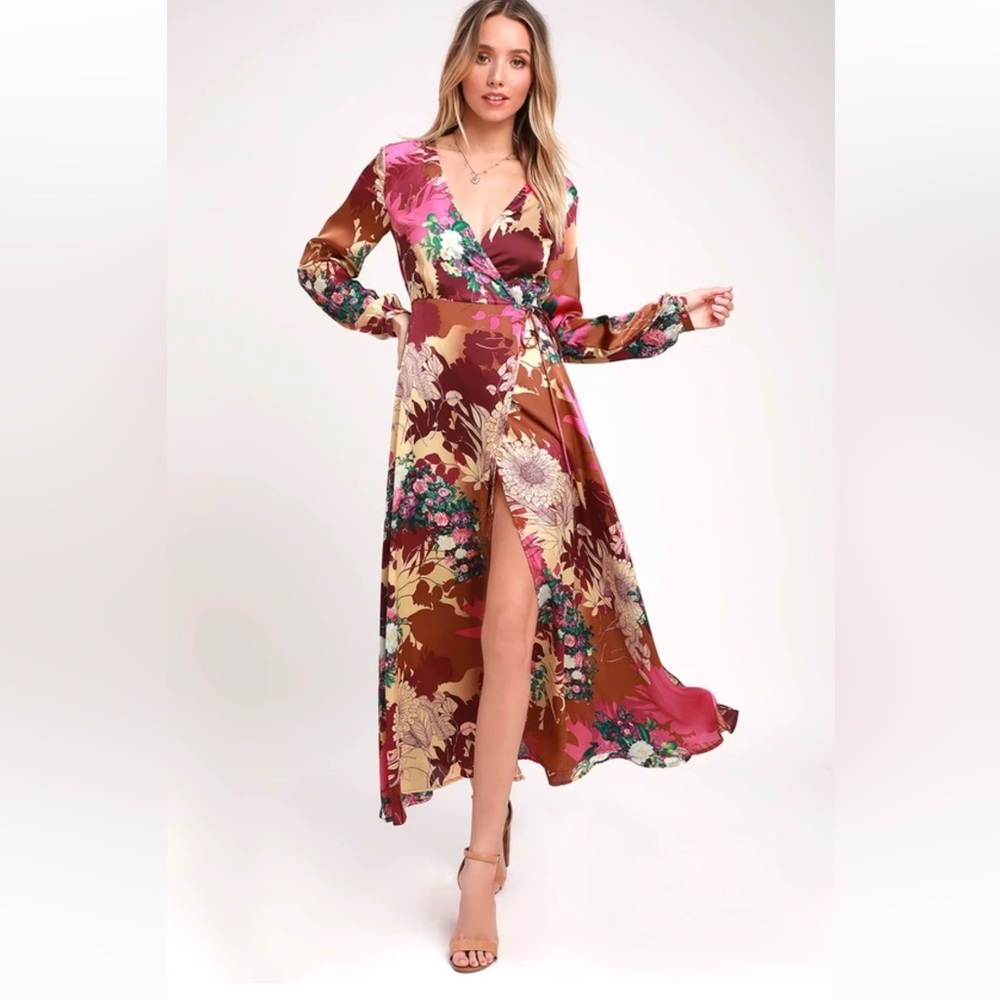 Put on a Smile Burgundy Floral Print Satin Wrap Maxi Dress